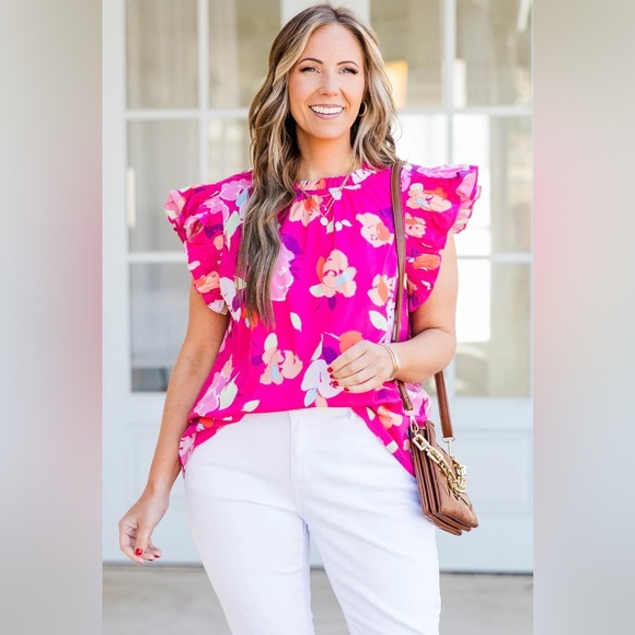 ODDY Pink Floral Ruffle Sleeves Blouse Sise Medium - Picture 1 of 8